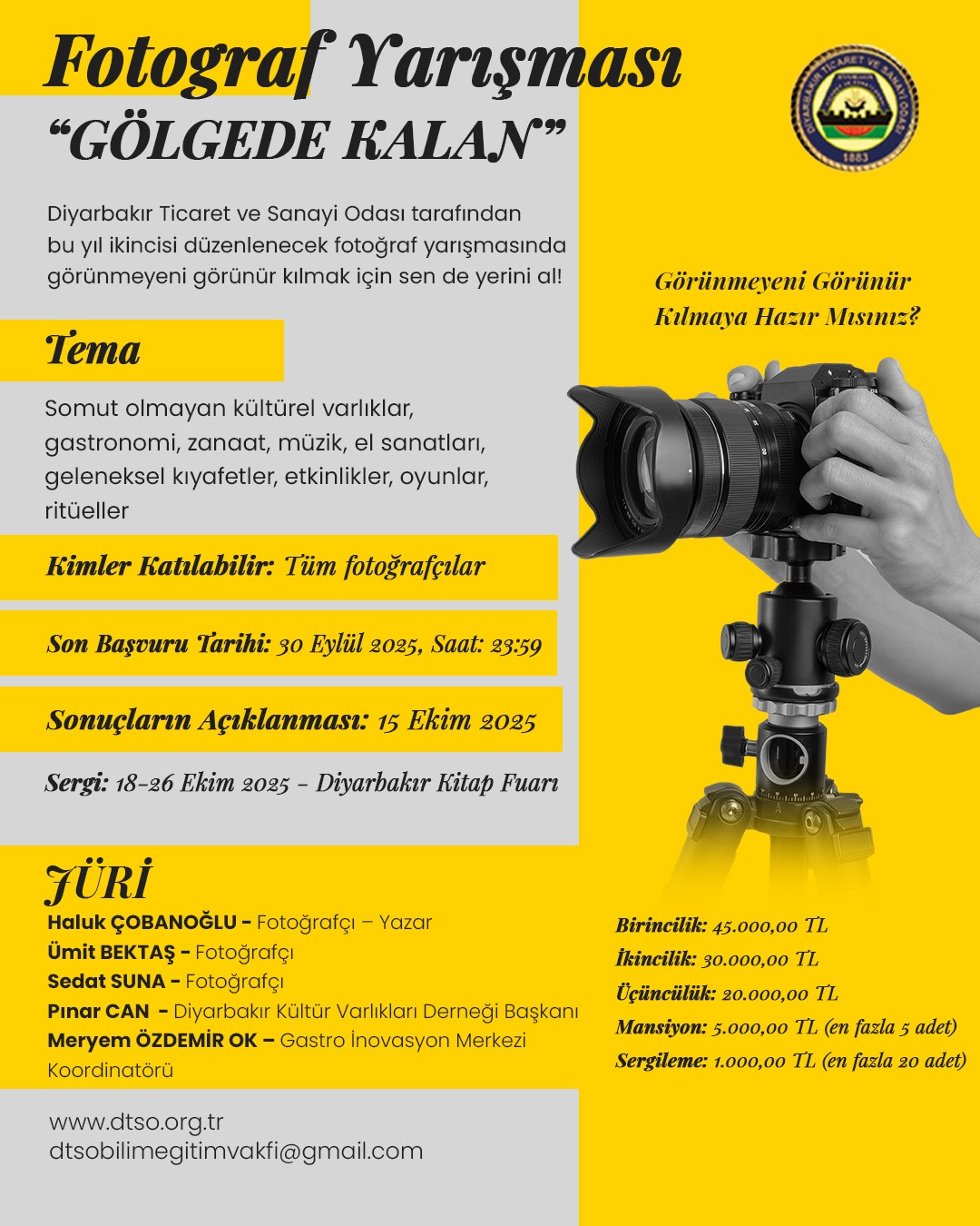 DTSO tarafından bu yıl 2'ncisi düzenlenecek olan "Gölgede Kalan" temalı fotoğraf yarışması için başvurular başladı. Yarışmanın amacı Diyarbakır'ın kültürel varlıklarını fotoğraflarla görünür kılmak. Başvurular 30 Eylül’de sona erecek.