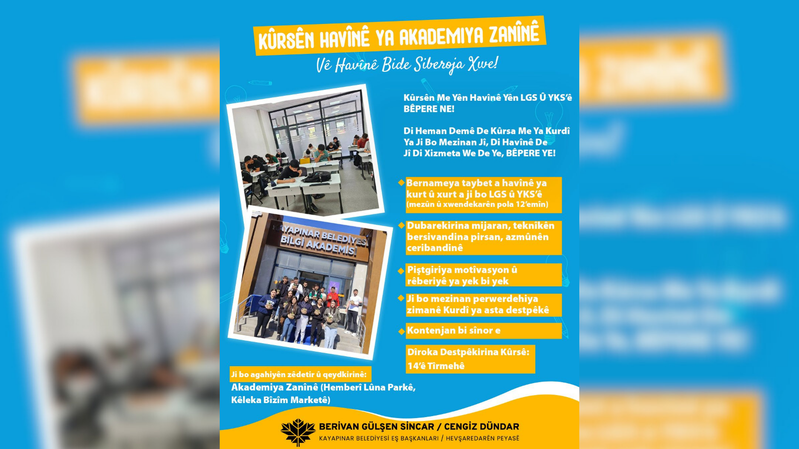 Kayapınar Belediyesi, dezavantajlı öğrenciler için başlattığı ücretsiz eğitim destek programını genişletiyor. Bilgi evlerinde LGS ve YKS hazırlık kurslarının yanı sıra, Kürtçe dil eğitimi de verilecek.