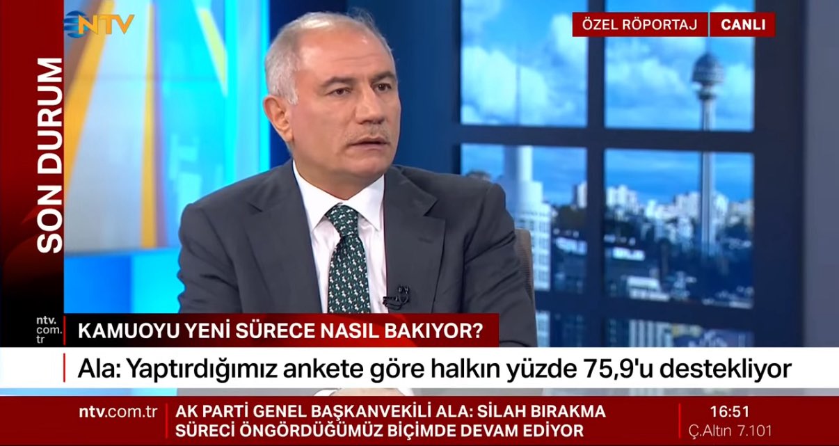 Sürece dair konuşan AKP Genel Başkanvekili Efkan Ala, en son yaptıkları ankette toplumun yüzde 75,9'unun süreci desteklediğini söyledi. Sürece siyasal desteğin de daha önce olmadığı kadar yüksek olduğunu belirten Ala, "Vatandaş şunu söylüyor; bir an önce bu meseleyi çözün" dedi.