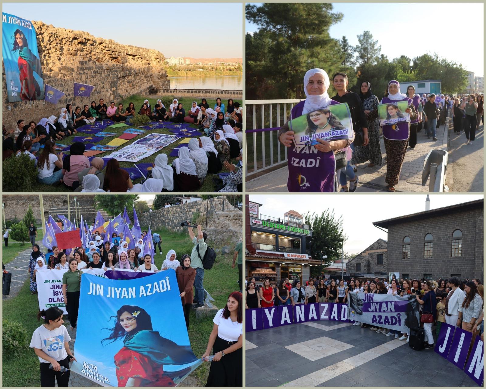 Jîna Mahsa Emînî’nin katledilişinin üçüncü yıl dönümünde birçok kentte kadınlar “Jin, jiyan, azadî” sloganlarıyla alanlara çıkarak direniş ve özgürlük mesajı verdi: “Kadınlar her yerde mücadele bayrağını yükseltiyor.”